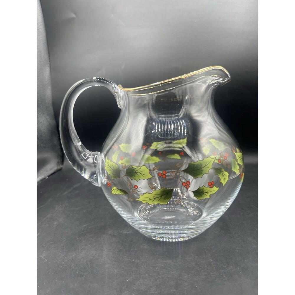Christmas Holly Berry Glass Ball Pitcher 64 Oz Gold Trim Holiday Serveware